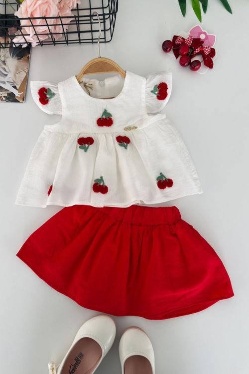 Miniğimin Cicileri Kiraz Panç İşlemeli Fırfırlı Bluz Etekli Kız Bebek 2’li Takım - Kırmızı