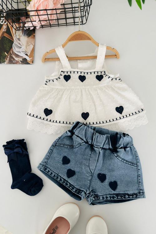 Miniğimin Cicilwri Kalp İşleme Detaylı Fistolı Kız Bebek 2 li Takım - Ekru