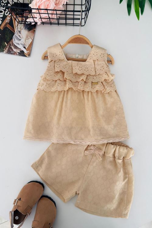 Miniğimin Cicileri Elegance Dantel Katmanlı Kız Çocuk Şort Takım - Karamel