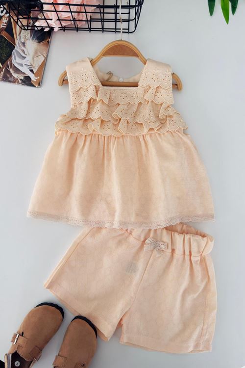 Miniğimin Cicileri Elegance Dantel Katmanlı Kız Çocuk Şort Takım - Somon