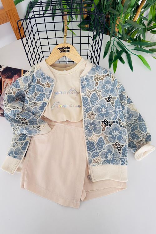 Miniğimin Cicileri Dantel Çiçek Desenli Bomber Ceketli Şortetekli 3’Lü Kız Çocuk Takım - Mavi