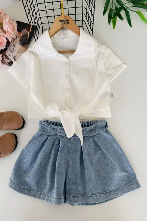 Miniğimin Cicileri Bağlama Detaylı Keten Gömlek & Denim Şort Kız Çocuk Takım - Beyaz