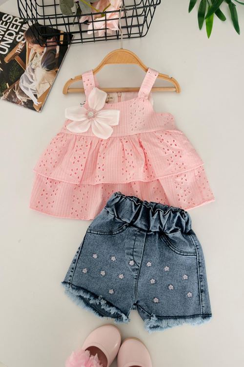 Miniğimin Cicileri Çiçek Aplikeli Güpür Detaylı Kız Bebek Kot Şortlu 2’li Takım - Pembe