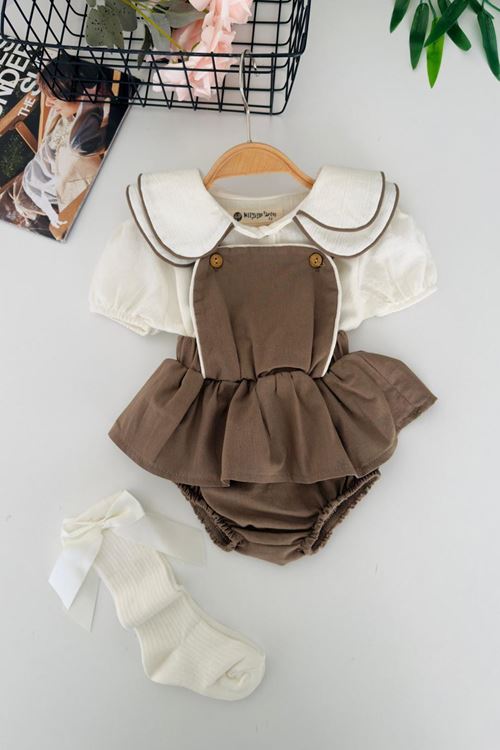 Miniğimin Cicileri Şık Askılı Salopet Görünümlü Kız Bebek Romper 2 li Takım - Kahve