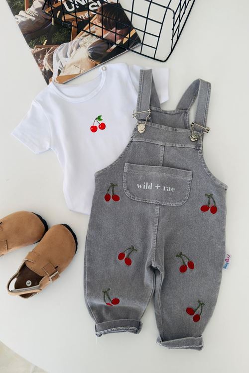 Miniğimin Cicileri Kiraz İşleme Detaylı Kız Bebek Salopetli 2 Li Takım - Gri