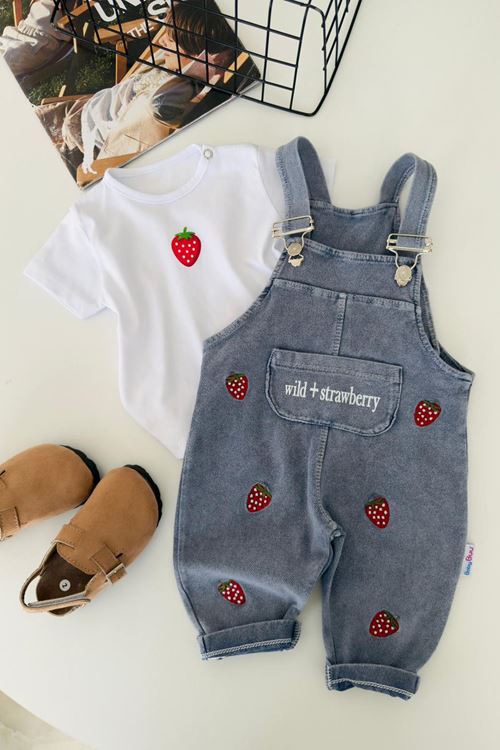 Miniğimin Cicileri Çilek İşleme Detaylı Kız Bebek Salopetli 2 Li Takım - Beyaz