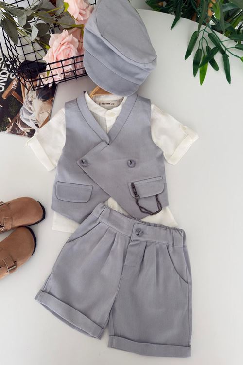 Miniğimin Cicileri Gentleman Yelekli Şapkalı Erkek Bebek Şort 4 lü Takım - Gri