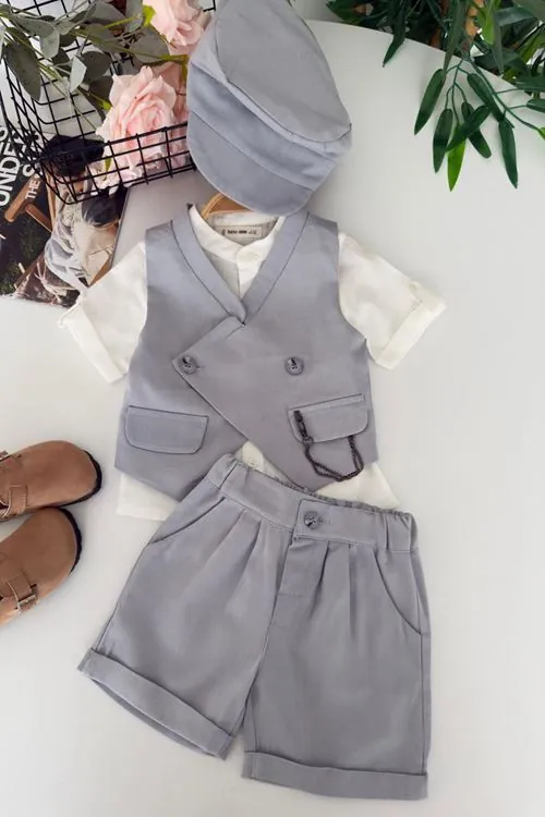 Miniğimin Cicileri Gentleman Yelekli Şapkalı Erkek Bebek Şort 4 lü Takım - Gri
