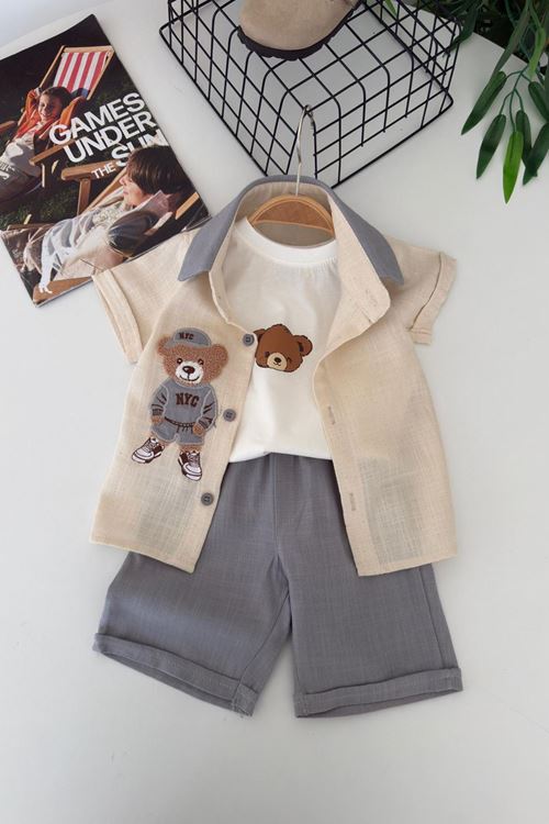 Miniğimin Cicileri Bear Panç İşleme Detaylı Erkek Bebek 3 lü Gömlekli Yazlık Takım - Gri