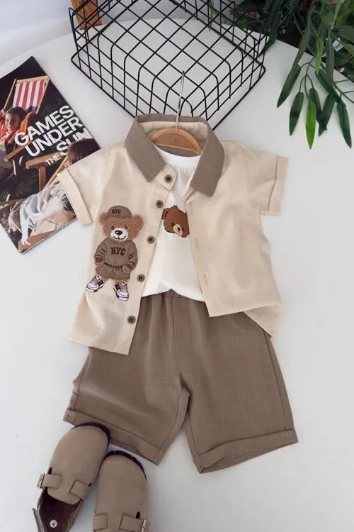 Miniğimin Cicileri Bear Panç İşleme Detaylı Erkek Bebek 3 lü Gömlekli Yazlık Takım - Kahverengi