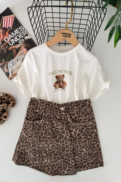 Miniğimin Cicileri Gözlük Detaylı Leopar Etekli Kız Çocuk 2 li Takım - Kahve