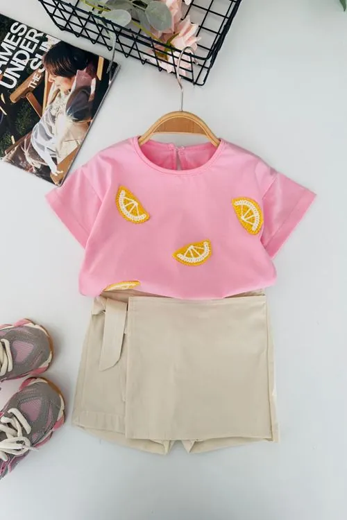 Miniğimin Cicileri Limon İşlemeli Kız Bebek 2 li Takım - Pembe