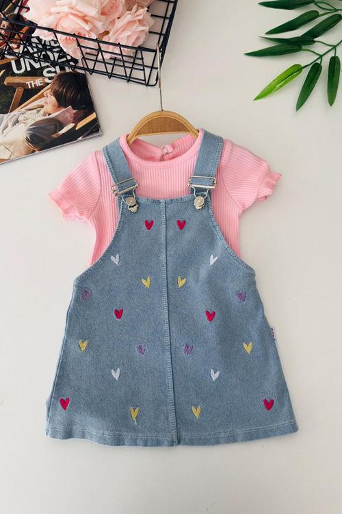 Miniğimin Cicileri Renkli Kalp İşleme Detaylı Kız Bebek Jile Takım - Pembe