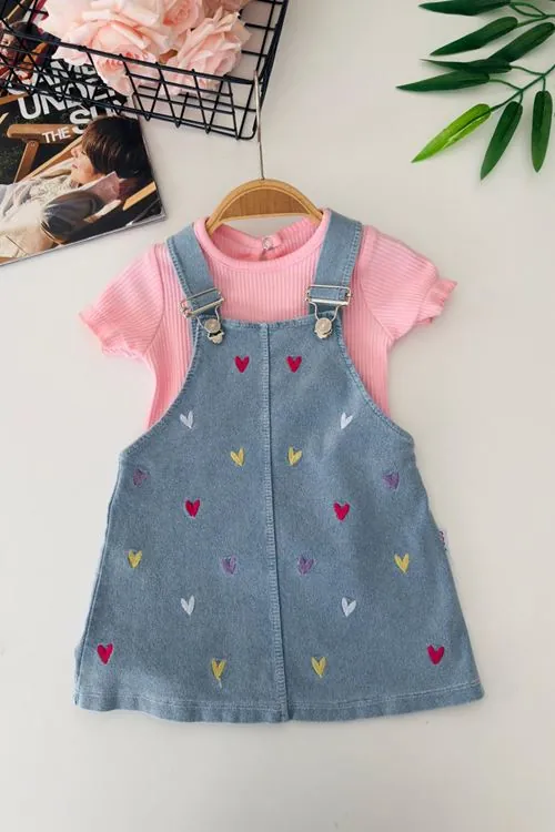 Miniğimin Cicileri Renkli Kalp İşleme Detaylı Kız Bebek Jile Takım - Pembe