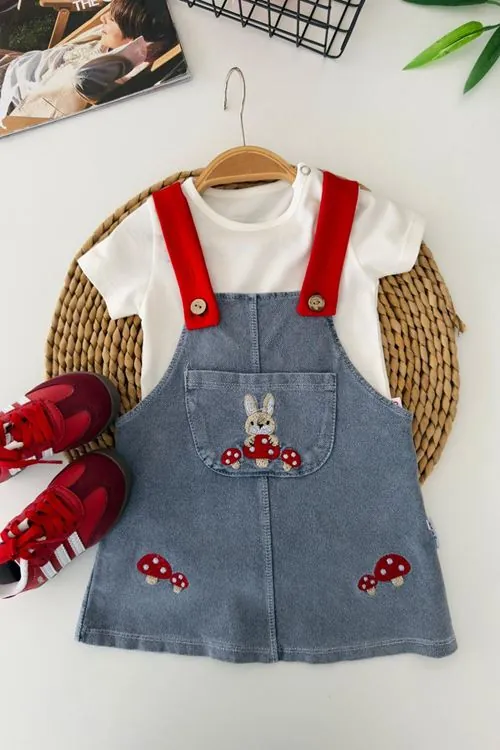Miniğimin Cicileri Tavşan Mantar İşleme Detaylı Kız Bebek Jile Takım - Koyu Mavi