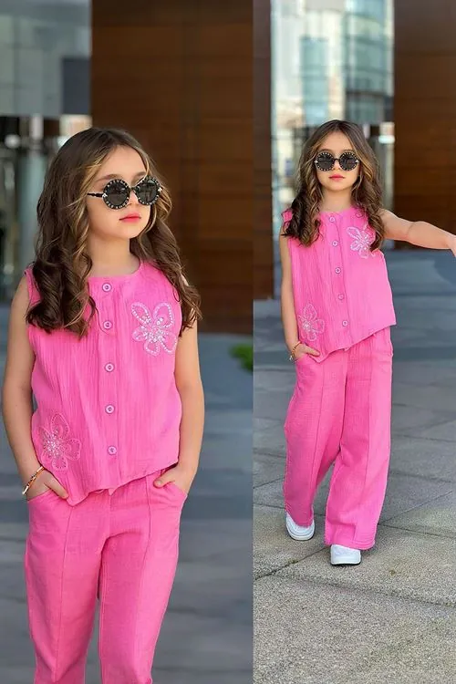Miniğimin Cicileri Çiçek Aksesuarlı Müslin Kız Çocuk Takım - Pembe