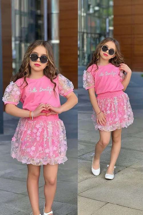 Miniğimin Cicileri Hello Beautiful Çiçek Aplikeli Tüllü Kız Çocuk Etekli 2’Li Takım - Pembe