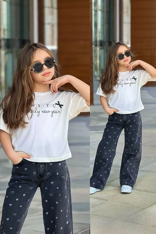 Miniğimin Cicileri We Wish You Baskılı Kot Pantolon Kız Takım - Siyah
