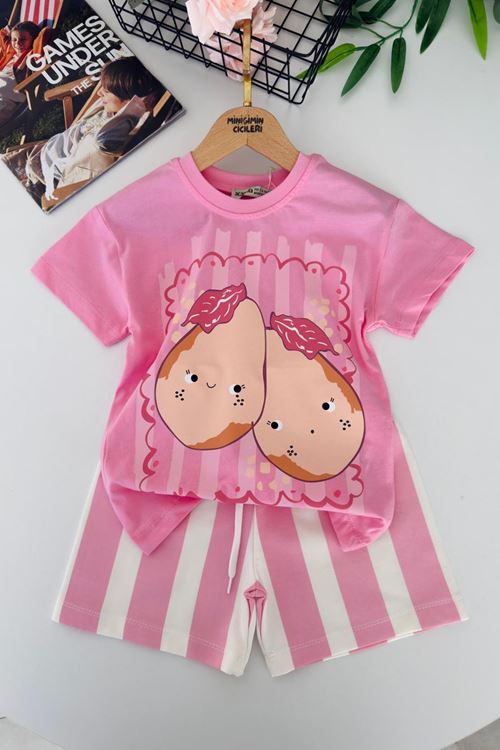 Miniğimin Cicileri Armut Baskılı Çizgili Unisex Çocuk Şortlu Takım - Pembe