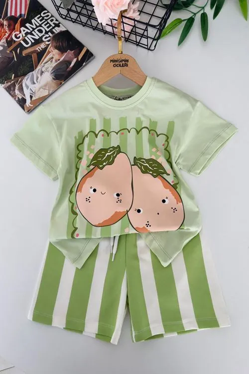 Miniğimin Cicileri Armut Baskılı Çizgili Unisex Çocuk Şortlu Takım - Yeşil