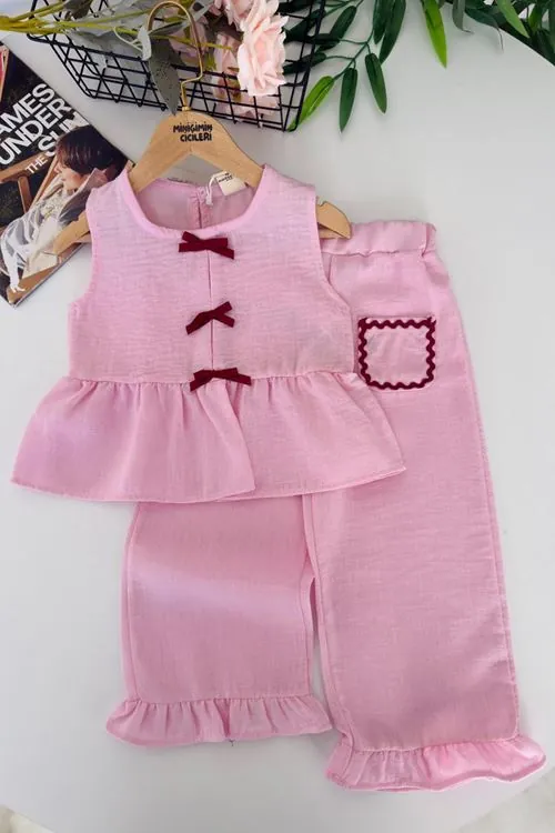 Miniğimin Cicileri Müslin Fiyonk Detaylı Cepli Kız Çocuk 2 li Takım - Pembe
