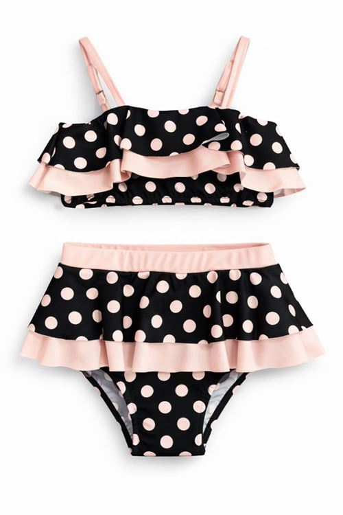 Miniğimin Cicileri Puantiyeli Fırfırlı Kız Çocuk Bikini Takımı - Pudra
