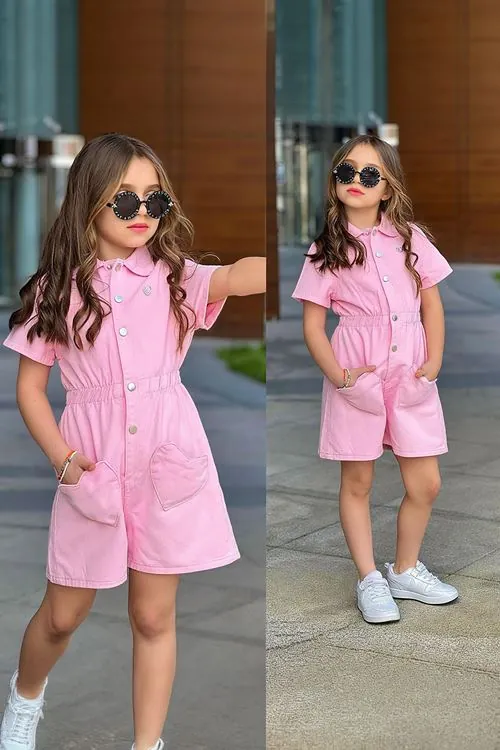 Miniğimin Cicileri Kalp Cepli Kot Şortlu Kız Çocuk Tulum - Pembe