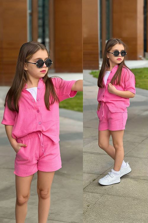 Miniğimin Cicileri Müslin Gömlek Şortlu Atletli Kız Çocuk Takım - Pembe
