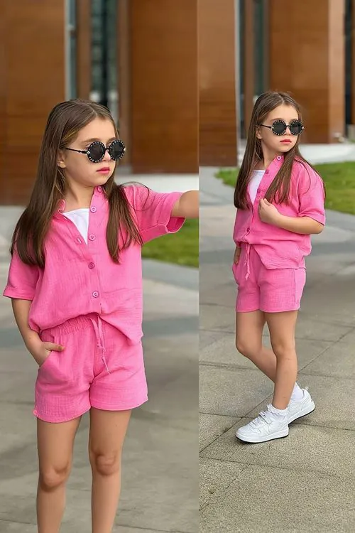 Miniğimin Cicileri Müslin Gömlek Şortlu Atletli Kız Çocuk Takım - Pembe
