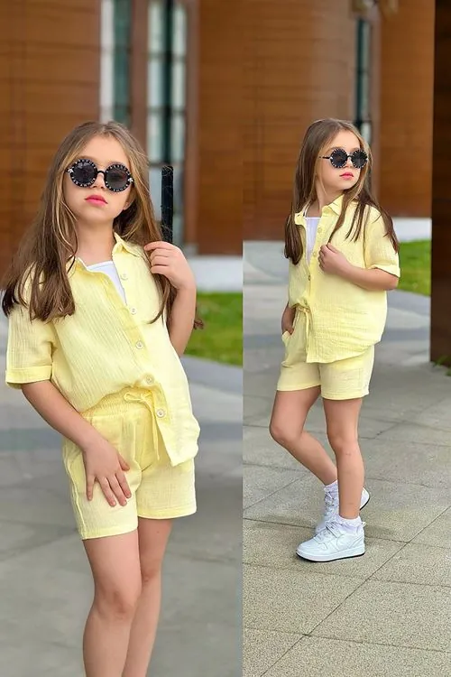 Miniğimin Cicileri Müslin Gömlek Şortlu Atletli Kız Çocuk Takım - Sarı