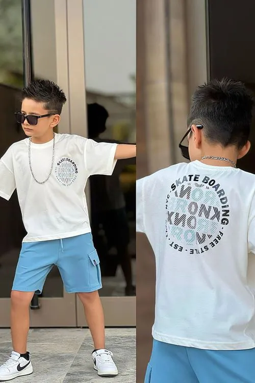 Miniğimin Cicileri Skate Boarding Baskılı Cepli Şortlu Erkek Çocuk Takım - Mavi