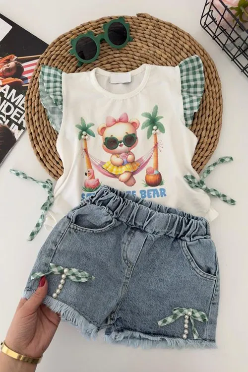 Miniğimin Cicileri Cute Bear Baskılı Kız Gözlük Hediyeli Yazlık Kız Çocuk 3 lü Takım - Yeşil