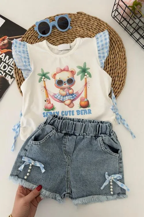 Miniğimin Cicileri Cute Bear Baskılı Kız Gözlük Hediyeli Yazlık Kız Çocuk 3 lü Takım - Mavi