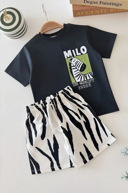 Miniğimin Cicileri Zebra Baskılı Tişört ve Zebra Desenli Şort Erkek Çocuk Takım - Antrasit