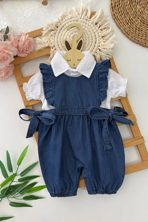 Miniğimin Cicileri Fırfır Detaylı Alttan Çıtçıtlı Kot Kız Bebek Salopet Takım - Lacivert
