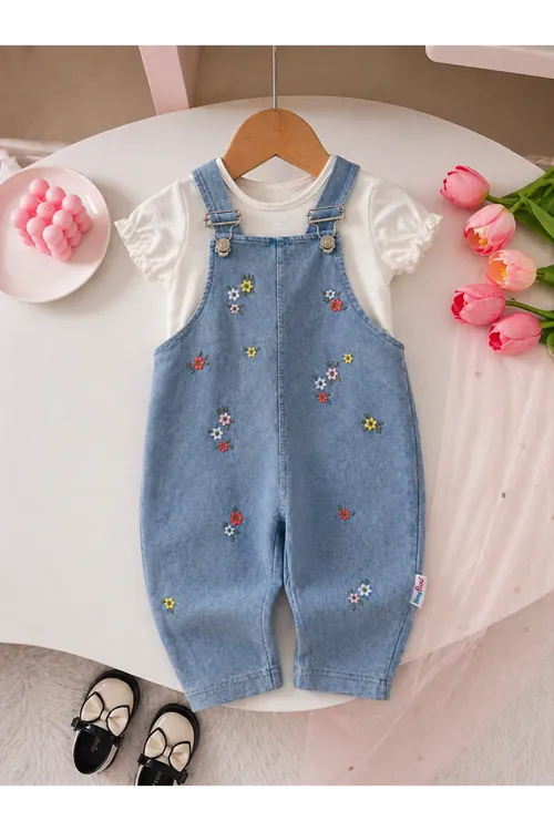 Miniğimin Cicileri Çiçek İşleme Desenli Kız Bebek Yazlık Salopetli Takım - Ekru
