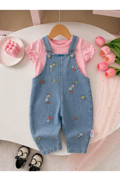 Miniğimin Cicileri Çiçek İşleme Desenli Kız Bebek Yazlık Salopetli Takım - Pembe