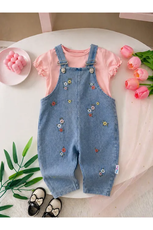 Miniğimin Cicileri Çiçek İşleme Desenli Kız Bebek Yazlık Salopetli Takım - Somon