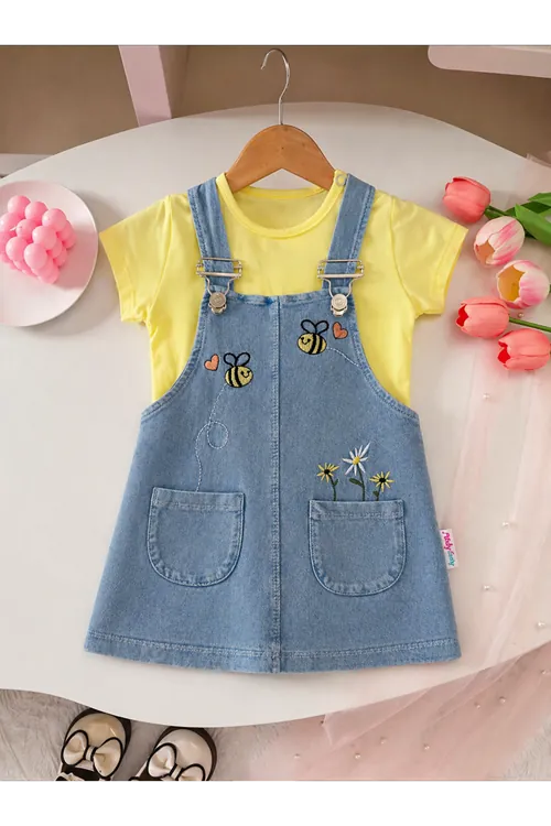 Miniğimin Cicileri Arı İşlemeli Cep Detaylı Kız Bebek 2 li Jile Takım - Sarı