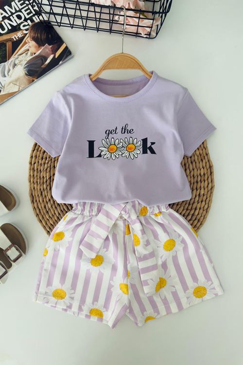 Miniğimin Cicileri Look Papatya Baskılı Kız Çocuk Şortlu Takım - Lila