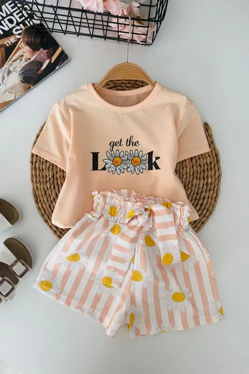 Miniğimin Cicileri Look Papatya Baskılı Kız Çocuk Şortlu Takım - Somon