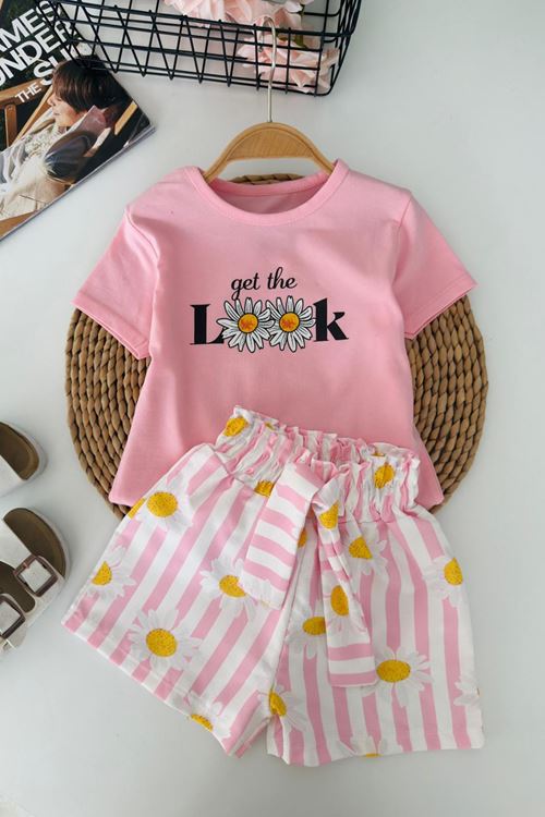 Miniğimin Cicileri Look Papatya Baskılı Kız Çocuk Şortlu Takım - Pembe