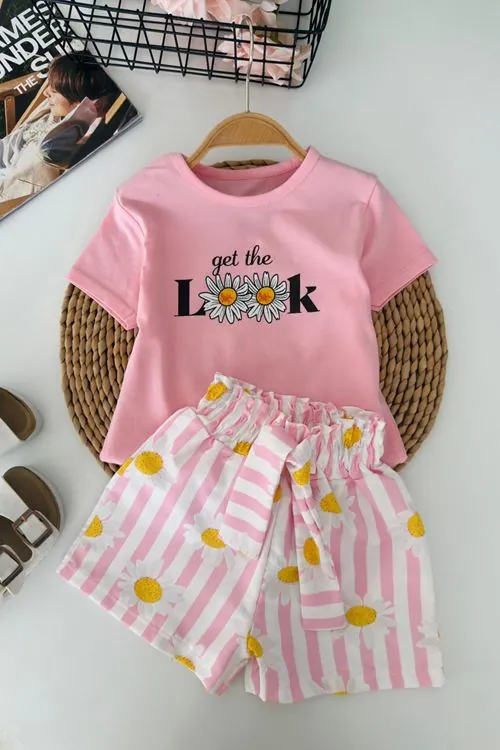 Miniğimin Cicileri Look Papatya Baskılı Kız Çocuk Şortlu Takım - Pembe