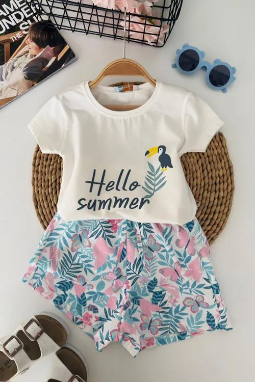 Miniğimin Cicileri Hello Summer Baskılı Kız Çocuk Şortlu Takım - Ekru