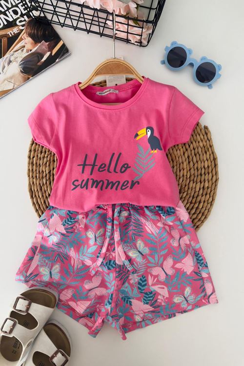 Miniğimin Cicileri Hello Summer Baskılı Kız Çocuk Şortlu Takım - Fuşya