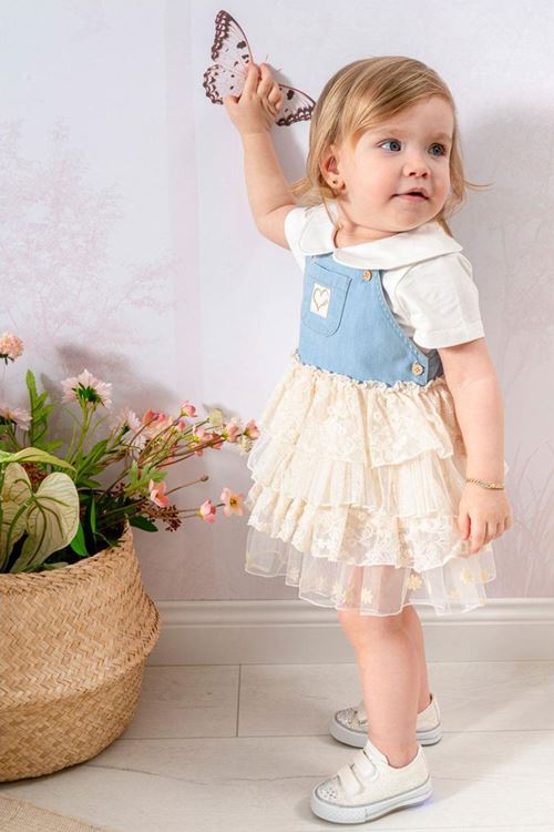 Miniğimin Cicileri Kot Jileli Dantel Etekli Kız Bebek Takım - Bebe Mavi