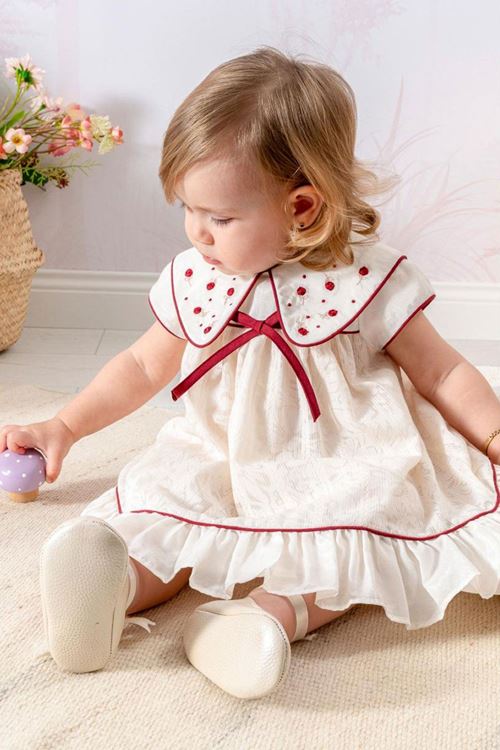 Miniğimin Cicileri Nakış Yakalı Fiyonk Detaylı Kız Bebek Elbise - KremBordo