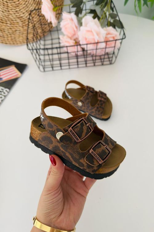 Miniğimin Ciciler Leopar Desenli Yazlık Unisex Çocuk Sandalet - Kahverengi