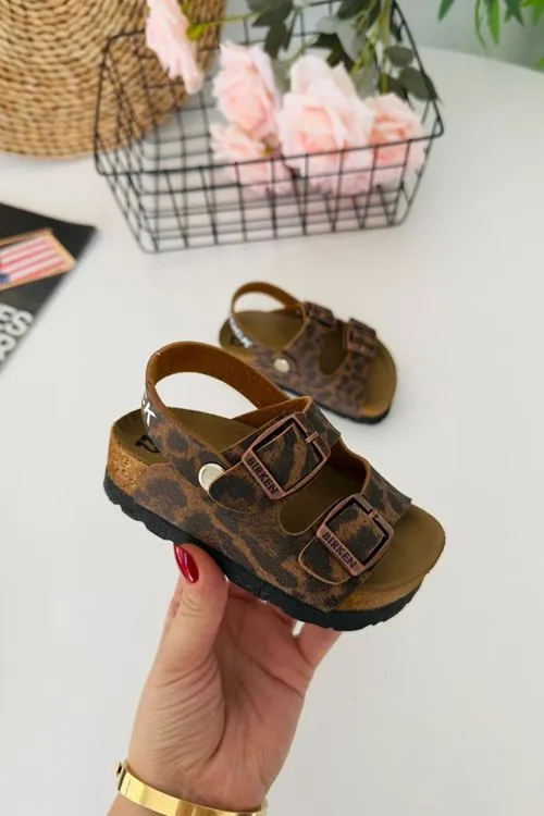 Miniğimin Ciciler Leopar Desenli Yazlık Unisex Çocuk Sandalet - Kahverengi