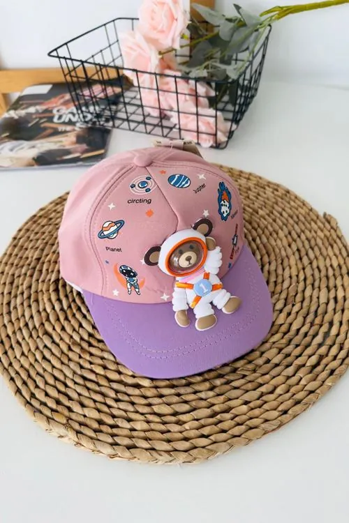 Miniğimin Cicileri 5-8 Astronot Bear Desenli Unisex Çocuk Şapka - Gül Kurusu